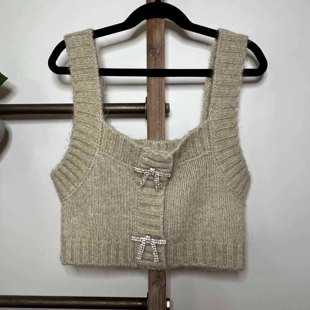 Zara Sage‎ Light Green Knit Top Wool Mix Jewel Bow Detail Size Small - Picture 2 of 7